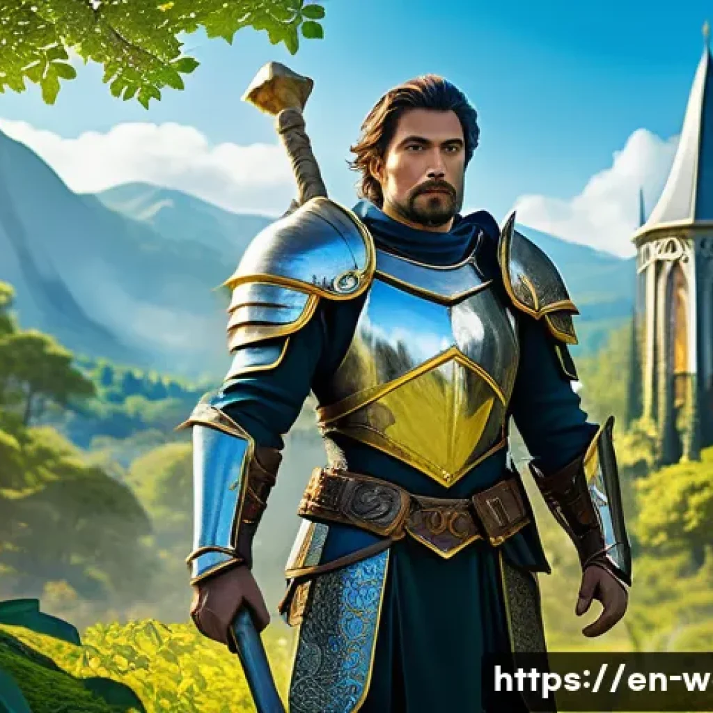 월드 오브 워크래프트 신규 유저 가이드 - A heroic human paladin clad in shining silver and gold armor, wielding a glowing hammer and shield, ...