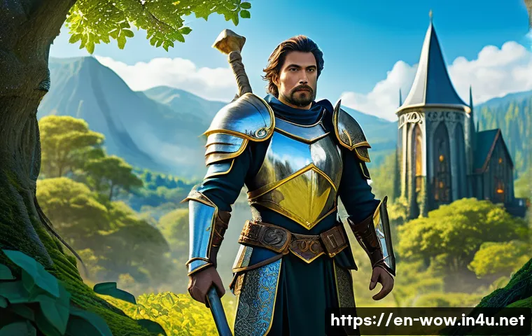 월드 오브 워크래프트 신규 유저 가이드 - A heroic human paladin clad in shining silver and gold armor, wielding a glowing hammer and shield, ...