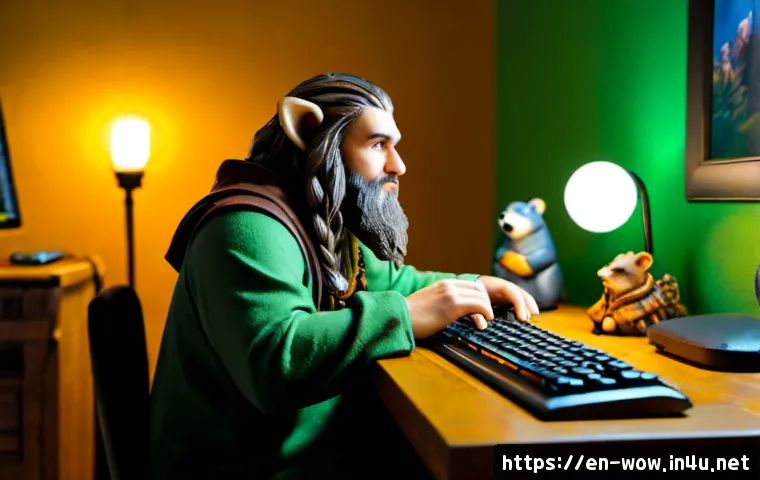 월드 오브 워크래프트 드루이드의 역할 변화 - Photorealistic fantasy-inspired gaming desk scene illustrating a druid’s changing role, an adult pla...