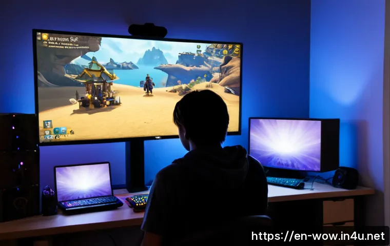 Home 13 월드 오브 워크래프트 주간 보상 업데이트 - Photorealistic gaming desk at dusk, a focused adult player seen from behind facing a widescreen moni...