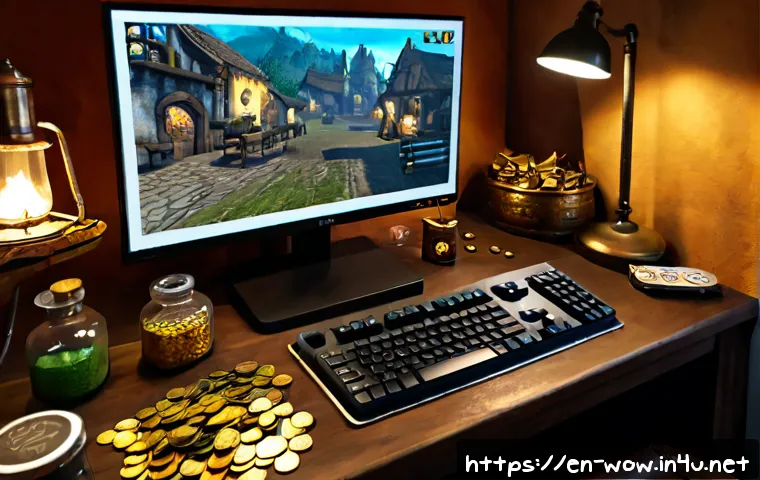 월드 오브 워크래프트 전문 기술별 수익성 분석 - Photorealistic home office scene of an adult gamer analyzing fantasy crafting profits, wide monitor ...
